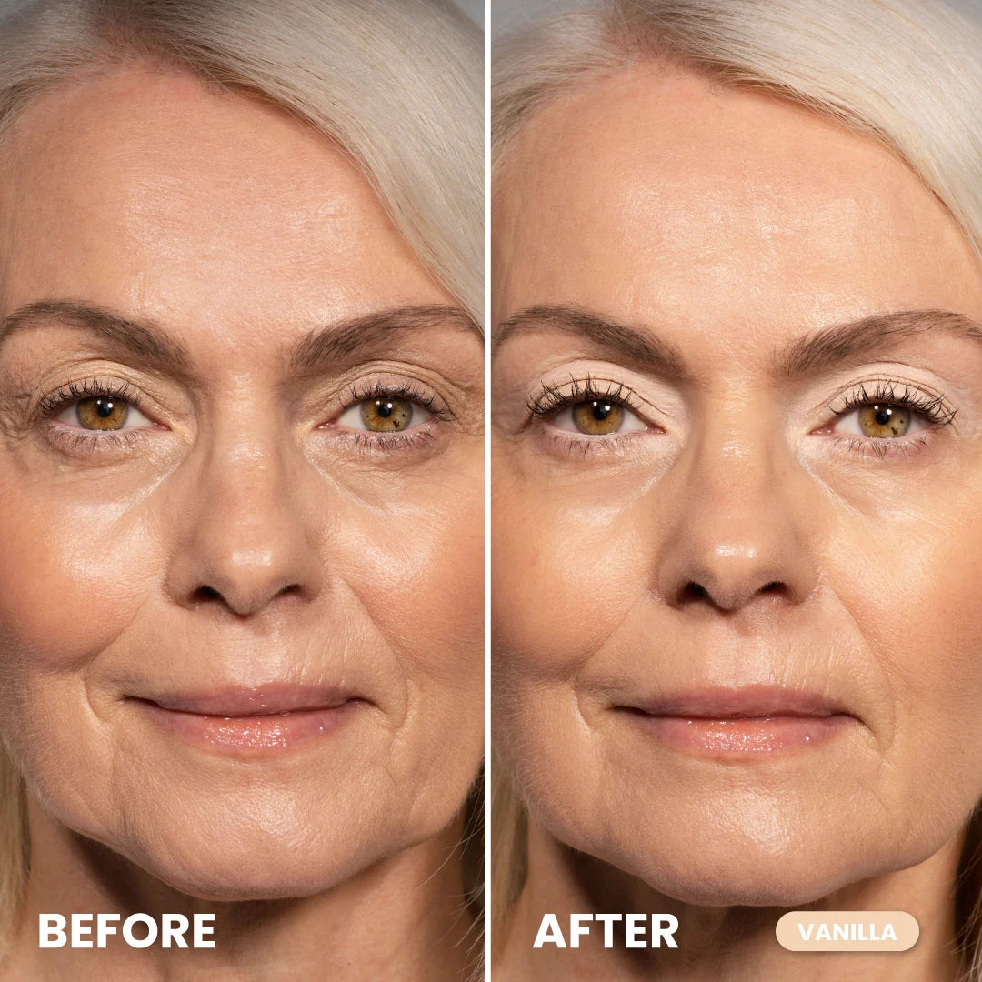 Before and after PrimEyes Eye Brightener applied on mature eye area.