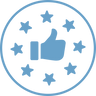 A blue thumbs-up icon is centered inside a circle, surrounded by six blue stars evenly spaced around it, all on a light background.