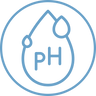 A blue outline of a water droplet with pH written inside, accompanied by two smaller droplets, all encircled by a thin blue line. The design suggests a focus on water pH or chemistry.