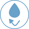 A blue water droplet above a curved arrow inside a blue circle, symbolizing water recycling or reuse.