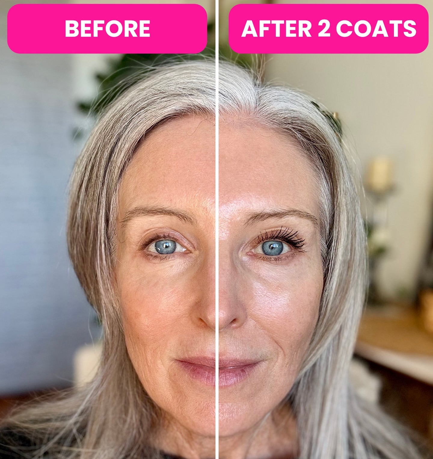 Before and after PrimeLash Mascara, two coats applied to mature lashes.