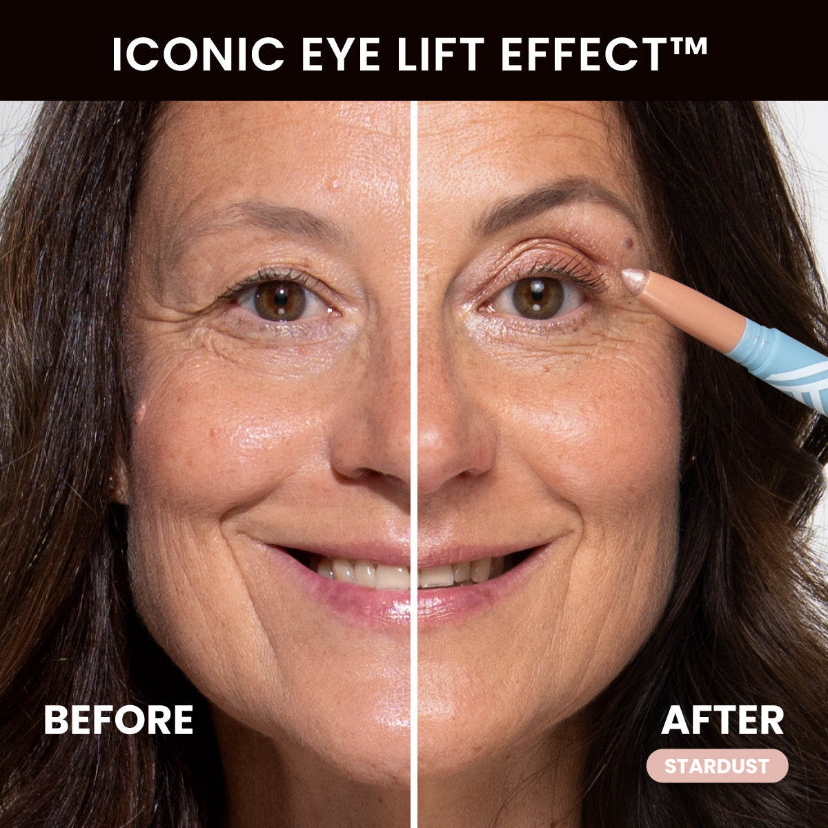 Before and after PrimEyes Eye Brightener showing the Iconic Eye Lift Effect.
