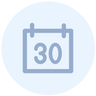 Simple blue calendar icon showing the number 30 in the center, with two rings at the top indicating binding, on a light blue circular background.