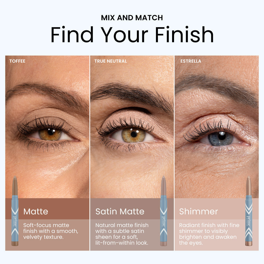 PrimEyes Eye Brightener finish options: shimmer and matte applications.