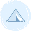 A simple blue line drawing of a tent with a curled corner, set against a light blue circular background.