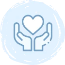 Blue outline of two hands holding a heart, set against a light blue circular background. The image suggests care, support, or giving.