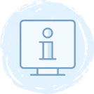 A blue outline icon of a computer monitor displaying a large information symbol i in the center, with a light blue circular background.