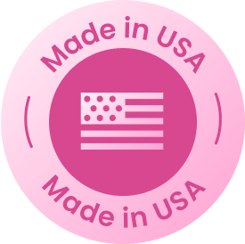 A pink circular badge with a simplified American flag in the center and the words Made in USA written twice around the edge.