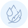 Light blue icon with a simple line drawing showing a water droplet, a flame, and a feather overlapping, set against a pale circular background.