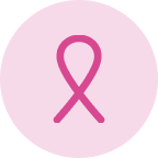 A pink ribbon icon on a light pink circular background, symbolizing breast cancer awareness.