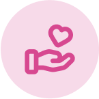 Pink icon of a hand facing upward with a heart above it, symbolizing care or giving, on a light pink circular background.