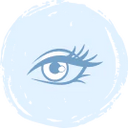 A simple blue illustration of a human eye with long eyelashes, centered on a light blue circular background.