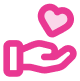 A pink outline of a hand facing upward with a pink heart floating above it, symbolizing giving, care, or support.