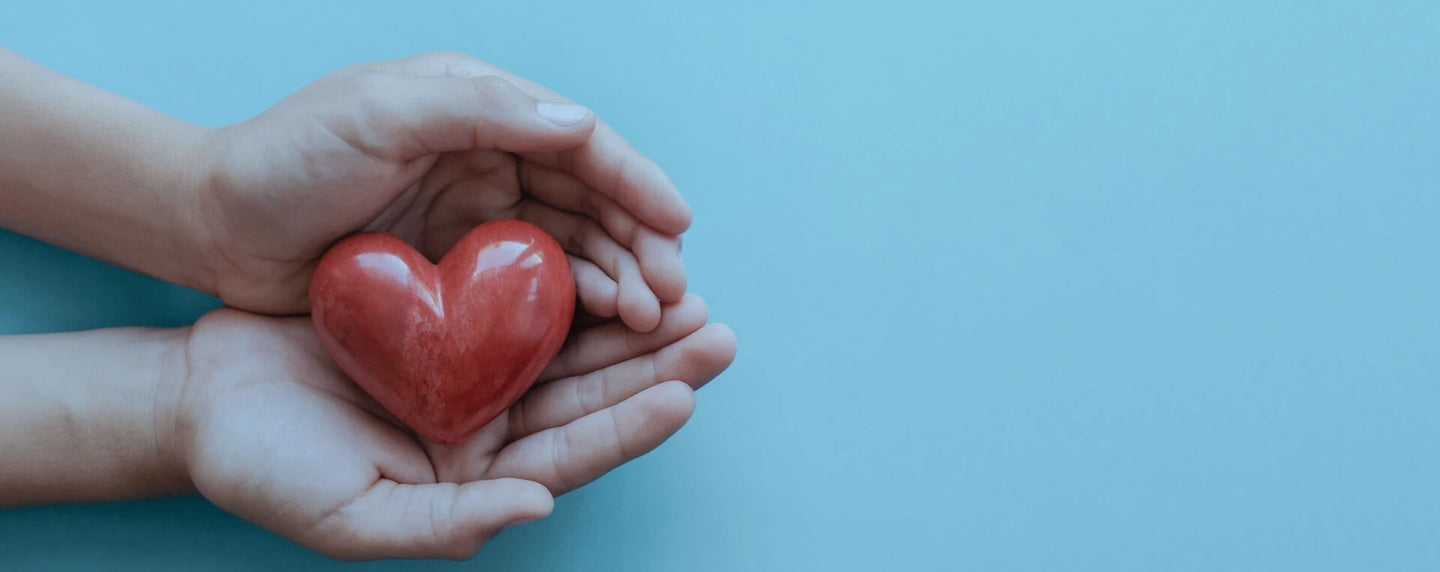 Two hands gently holding a small red heart against a light blue background, symbolizing care, love, and support.