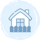 Simple blue and white icon of a house with a pitched roof, chimney, window, and a picket fence in front, set against a light blue circular background.