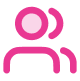 A pink icon of a person with two curved lines near the head, suggesting communication or sound, on a light gray background.
