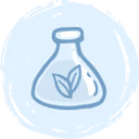 A simple blue line drawing of a round-bottom flask with two leaves inside, symbolizing an eco-friendly or botanical science concept, on a light blue circular background.
